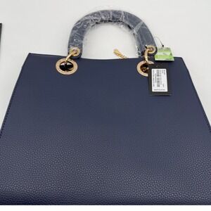 Studio Badgley Mischka Navy‎ Vegan Leather Satchel Bag Top Handle Charm $129